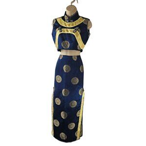 Kevin T Chinese Silk Qipao Top + Long Skirt Set S/M Thigh High Slits Blue Gold
